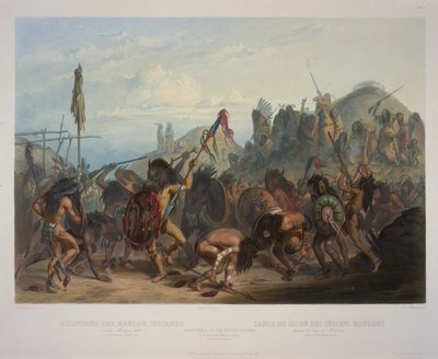 Danza del bisonte degli indiani Mandan davanti alla loro capanna della medicina da Karl Bodmer
